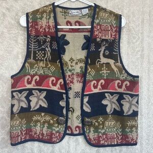 Carrie Allen Nostalgic Holiday Christmas Vest Sz M Muted Red Green Reindeer